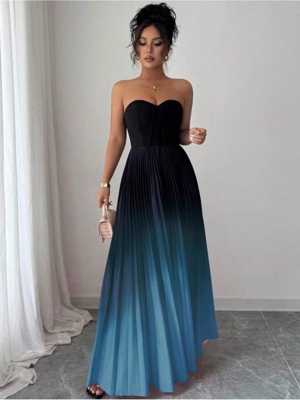 Strapless Ombre Black to Blue Pleated Maxi Dress